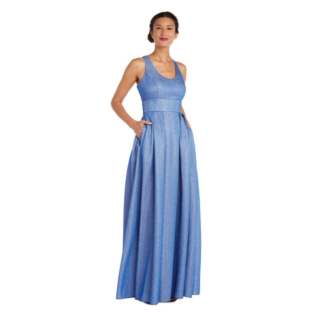 Morgan & Co. Textured Metallic Racerback A-Line Gown
